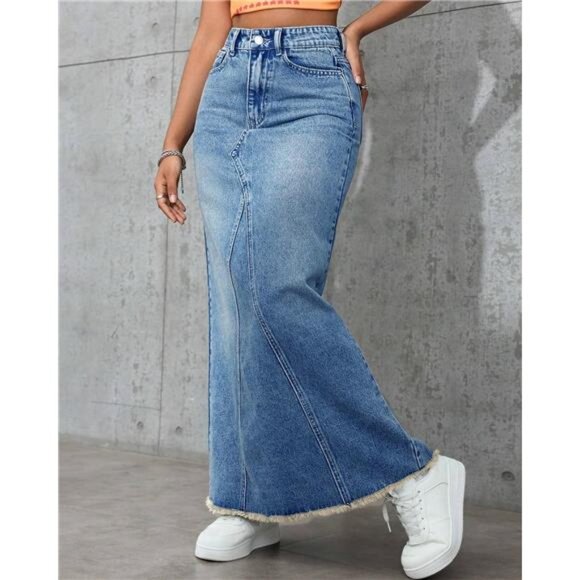 Women's High Waisted Maxi A line Denim Skirt Blue - Picture 4 of 6